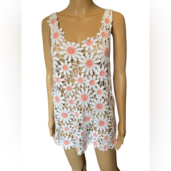 Hobie Pink White Sheer Crochet Boho Hippie Earthy Floral Daisy Micro Mini Dress - Picture 1 of 7